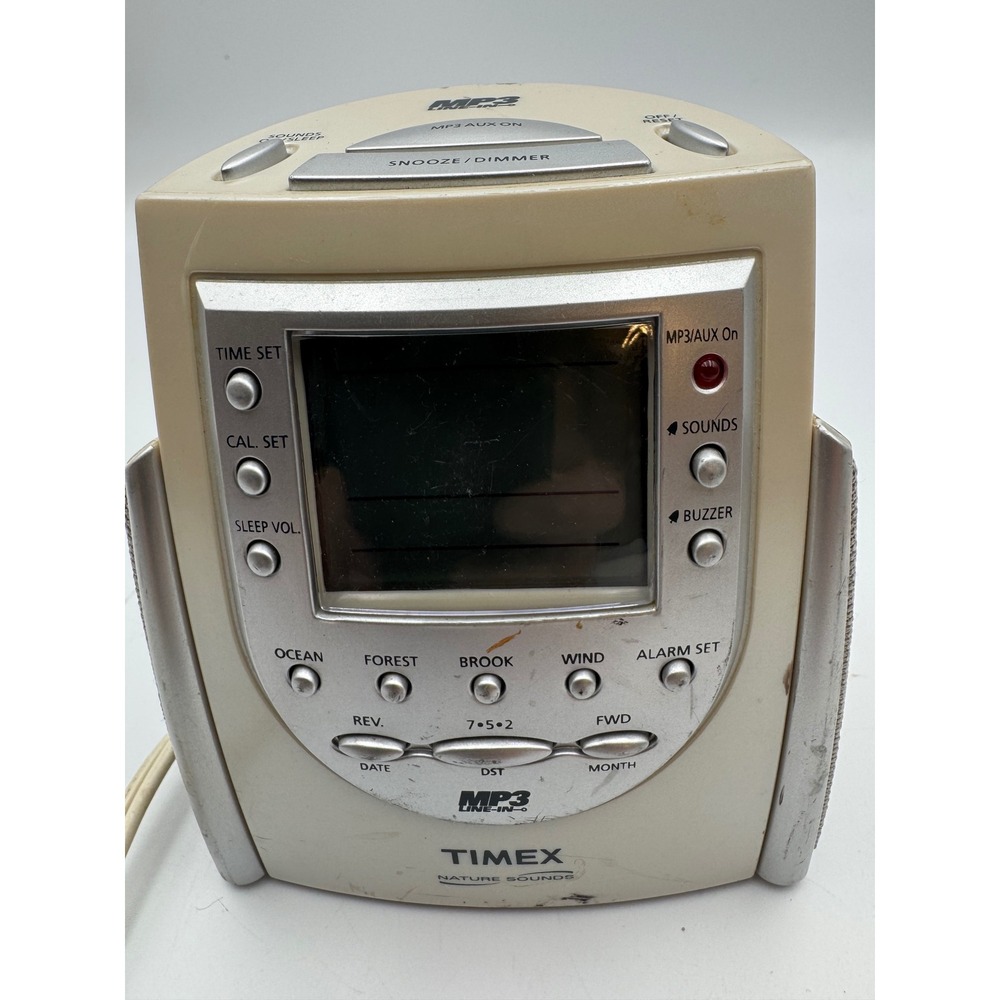 Timex Nature Sounds Alarm Clock T158W MP3 Aux Line-In Cream Silver Digital LCD